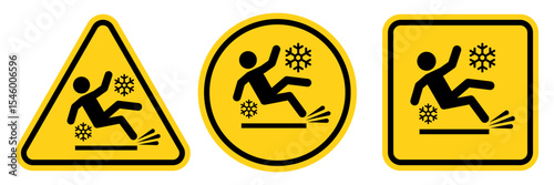 Ice Slippery Surface sign. Caution Signs for Snow and Ice Hazards. Alert for Slippery Road Conditions. Hazard slippery surface wet floor sign, vector illustration isolated on white background.