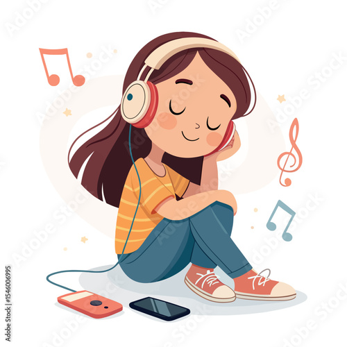 Girl immersed in music: A young girl closes her eyes, lost in her favorite song through headphones, depicted in a charming illustration with musical note dancing around her.