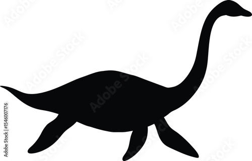 Aquatic Elasmosaurus Silhouette: An Extremely Long-Necked Marine Reptile Outline, Gracefully Swimming, Highlighting its Unique Anatomy for Deep-Sea Themes on White Canvas.