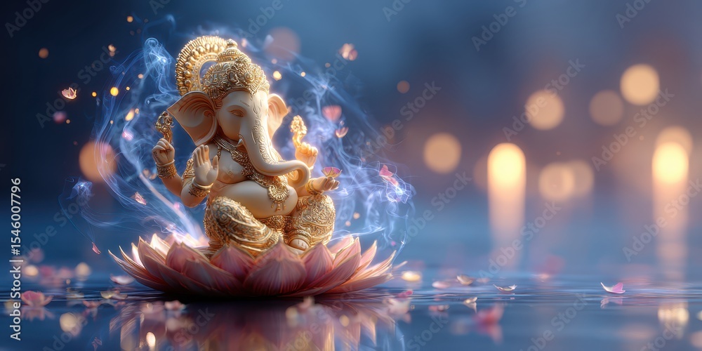 Fototapeta premium Lord Ganesh on Lotus Flower Blessing with the Light of Candles