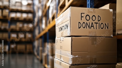 Food donation boxes stacked high in a warehouse setting