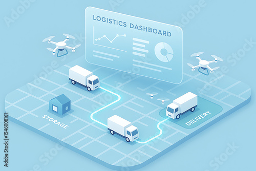 Logistics Map Overview with Trucks Drones and Dashboard for Efficient Supply Chain Management