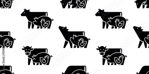 Seamless pattern with Farm animals logo Cow, Pig and Chicken. isolated on white background
