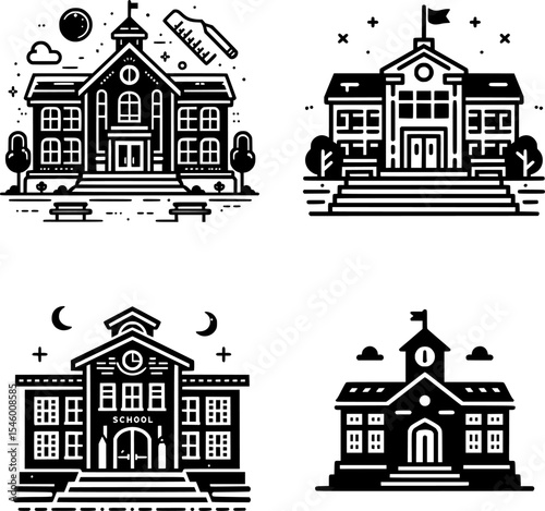 set of minimalist black and white school building icon in clean line art style.