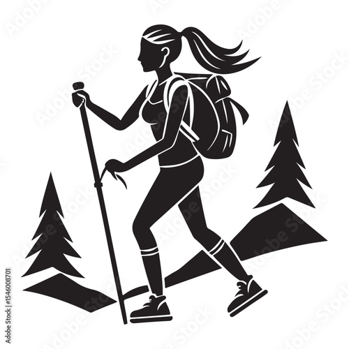 Black and White Silhouette Woman Hiking Mountains Backpack Trekking