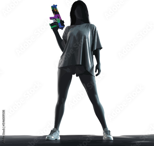 Silhouette of a woman holding a colorful toy gun, standing on a white background