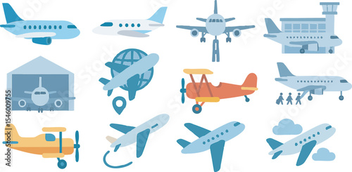 Flat Travel Airplane Icon Set for Travel Booking and Tourism Design - AI Generative