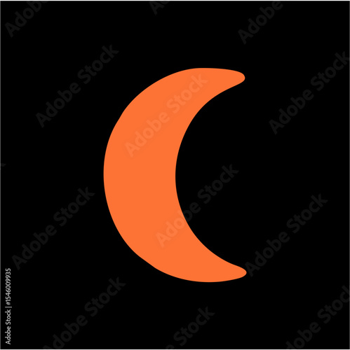 Minimalist Orange Crescent Icon on Black Background – Spiritual Night Symbol Vector,A clean vector illustration featuring an orange crescent shape, oriented with its points to the right, on a solid bl