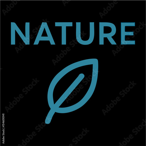 Minimalist Blue “NATURE” Text with Leaf Outline Icon on Black Background – Eco Branding Vector Symbol,A modern vector illustration featuring the word “NATURE” in bold blue capital letters placed above
