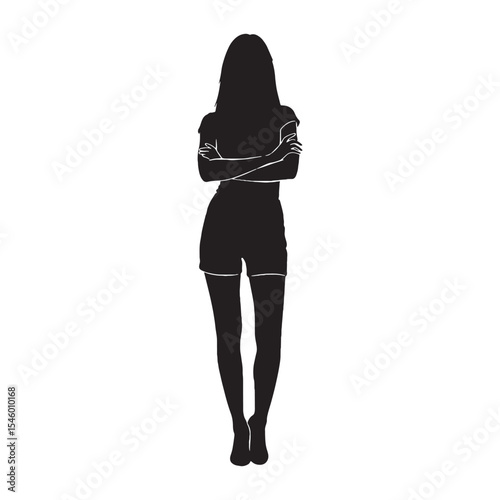Confident woman crossed arms in a strong and self-assured stance - woman crossed arms silhouette - woman crossed arms Vector - Silhouette of woman crossed arms
