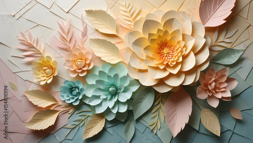 Pastel paper flowers and leaves arrangement on textured background