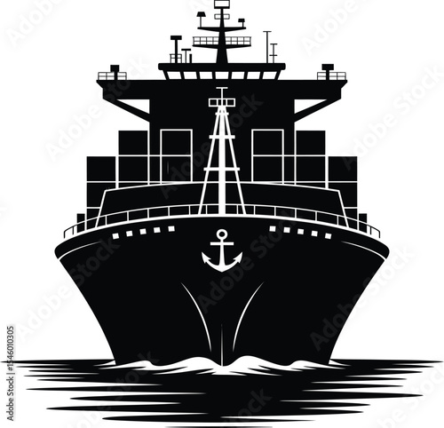 Vector Black Container Ship, Cargo Vessel for Global Freight Transport.