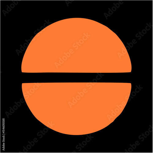 Minimalist Orange Circle Icon with Central Black Stripe on Black Background – Abstract Vector Symbol,A modern vector illustration featuring a flat orange circle intersected horizontally by a bold blac