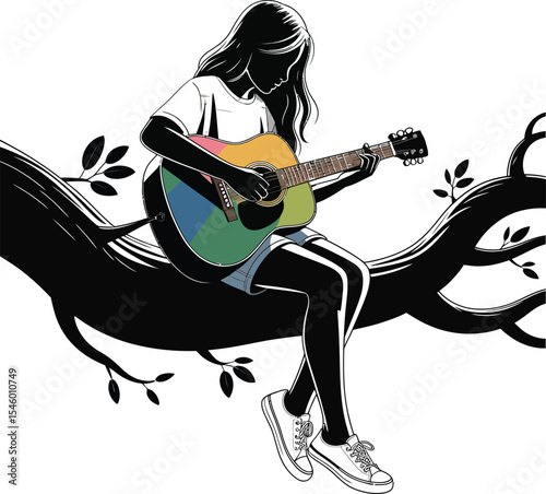 Silhouette of girl playing acoustic guitar on tree branch, music is life