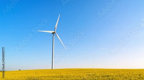 Wind turbine generating clean energy in a field under a blue sky