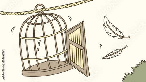 Illustration of an open birdcage hanging from a rope with feathers floating around and grass below