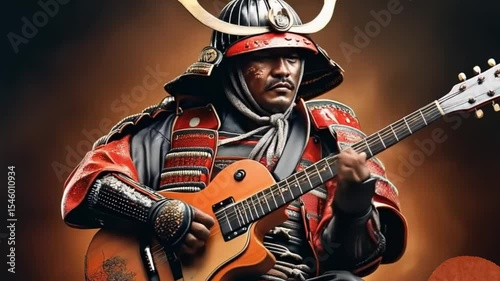Young man dressed in samurai clothes asian playing electric guitar 