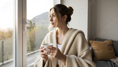  Smiling woman in bathrobe holding mug by the window, relaxed and peaceful indoors