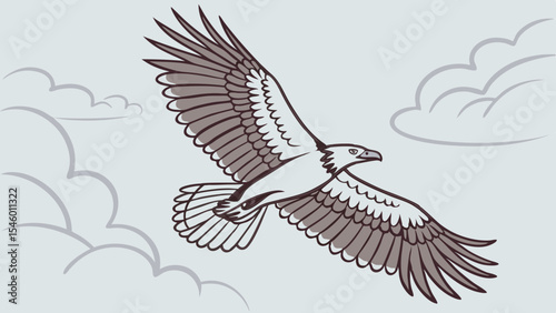 Illustration of an eagle soaring through a cloudy sky with its wings spread wide and feathers detailed