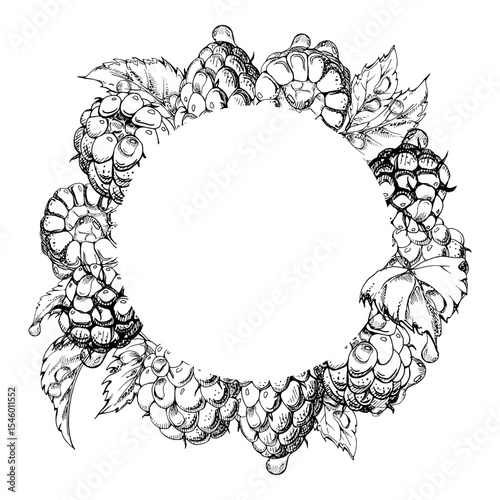 Raspberry berries leaves wreath in water splash, dew drops hand drawn in vector ink. Ripe garden dewberry cloudberry mulberry loganberry. Isolated circle frame. Fresh grocery drinks, preserves recipes