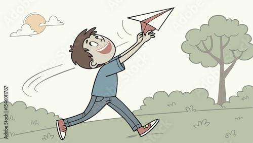 Illustration of a boy running and holding a paper airplane in the air with trees and sun in the background