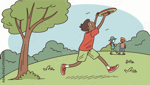 A person catches a frisbee in a park with trees and other people walking in the background on a sunny day