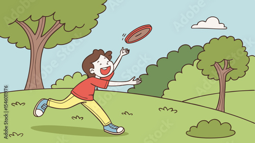A boy with a red shirt and yellow pants is playing frisbee in a park with trees and a blue sky background