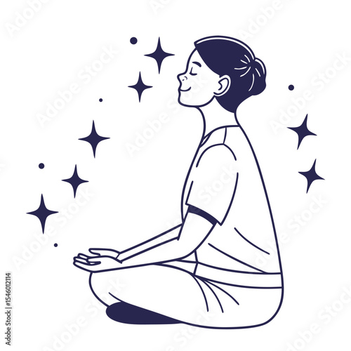 Peaceful Meditation: A serene woman sits in a cross-legged position, eyes closed, radiating inner peace and tranquility, surrounded by sparkling stars.