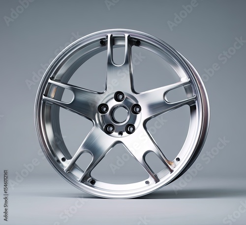 Polished silver alloy wheel with five spokes, intricate cutouts, and a central hub detail, shown against a neutral gray backdrop