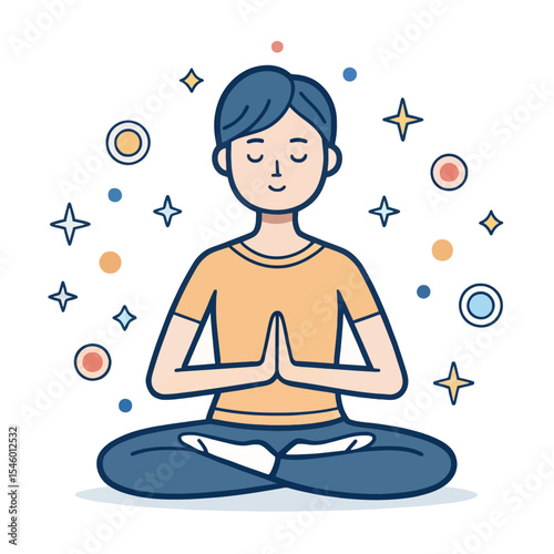 Serene Contemplation: A peaceful individual sits in the lotus position, surrounded by ethereal lights, signifying inner peace, balance, and mindfulness.