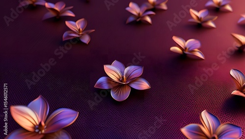 Metallic flowers on textured purple background, elegant floral design