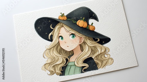 Cute girl in pumpkin-decorated witch hat with wavy blonde hair in autumn anime-style illustration on card