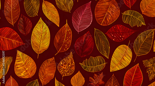 Seamless pattern design featuring a variety of stylized autumn leaves in vibrant colors