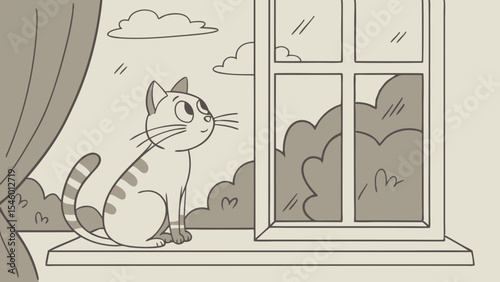 A curious cat sitting on a windowsill and gazing out the window at the clouds and the trees outside