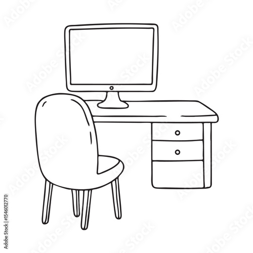 A chair turned toward a dark computer screen
