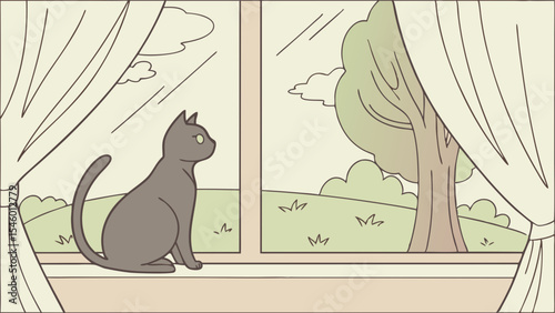 A grey cat sitting on a windowsill looking out at a tree in a field through a window with curtains