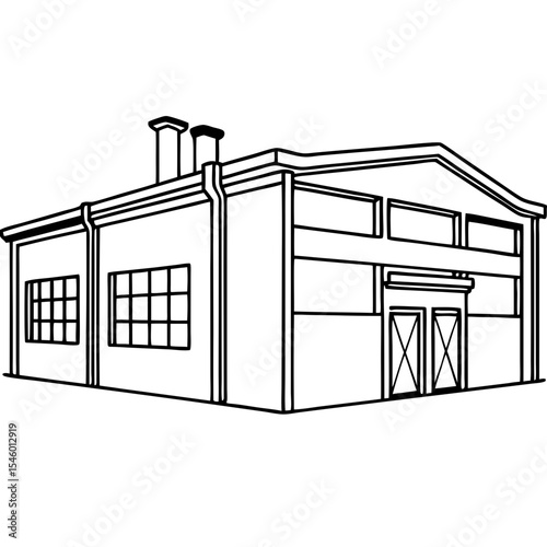 Industrial loft exterior building design. This industrial loft exterior showcases architectural details, including large windows, a gabled roof, and a loading dock.
