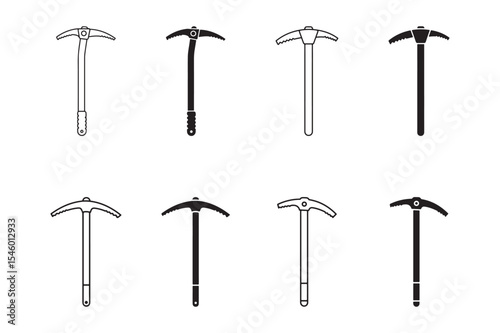 Silhouette of minimalist ice axe icon set for outdoor adventure and cold climate tools