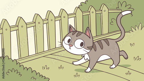 A cartoon cat with gray stripes and a white tail is walking near a wooden fence in a yard scene