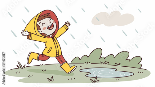 Illustration of a happy child running and playing in the rain wearing a yellow raincoat and boots outdoors