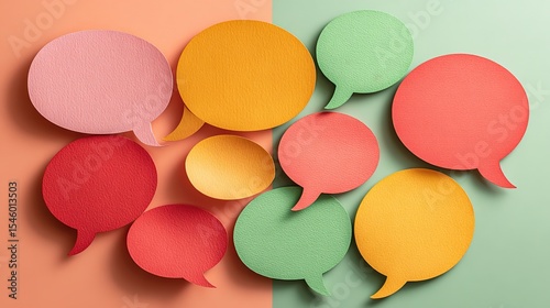 Colorful speech bubbles on pastel background, symbolizing abstract communication and creative expression