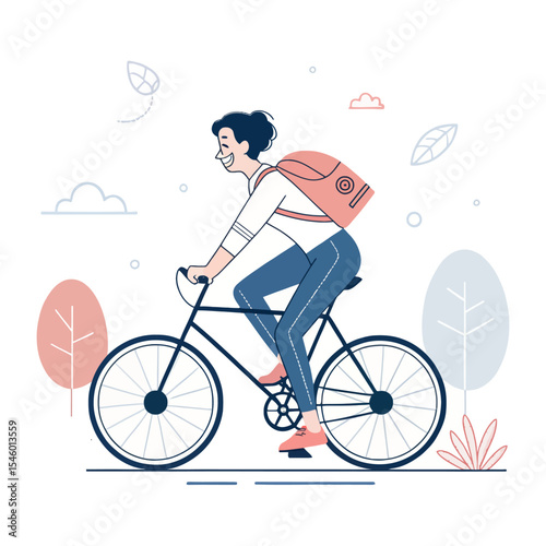 Cycling Bliss: Woman enjoys cycling outdoors with backpack, feeling of freedom.