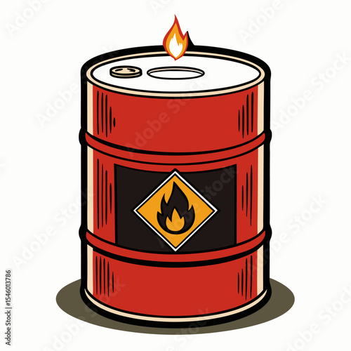 Hazardous oil barrel with flame symbol vector illustration of industrial oil drum and warning sign