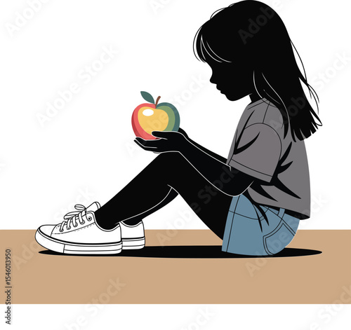 Young girl sitting in grass, gently holding a red and green apple