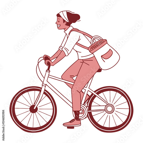 Woman Cycling Adventure: A woman cycles, with a happy face with her bag, pedaling her bike in a flat vector design, embodying an eco-friendly and active lifestyle.