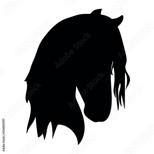 Black silhouette of a horse's head with a beautiful mane on a white background. The symbol of the year 2026 for the design of postcards, calendars, websites, logos. Vector illustration