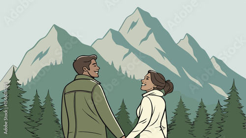 A couple holding hands looking at mountains and forest trees with smiles on their faces in the outdoors