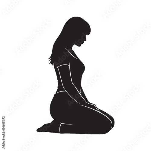 Contemplative woman kneeling in a deep state of reflection - woman kneeling silhouette - woman kneeling Vector - Silhouette of woman kneeling
