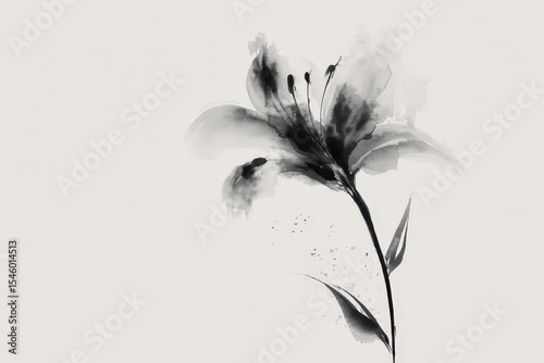 Elegant black and white lily illustration with delicate brush strokes on soft background