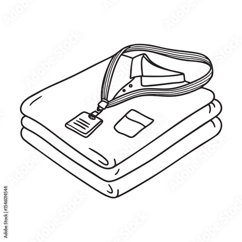 A uniform folded on a bed next to a hanging ID card